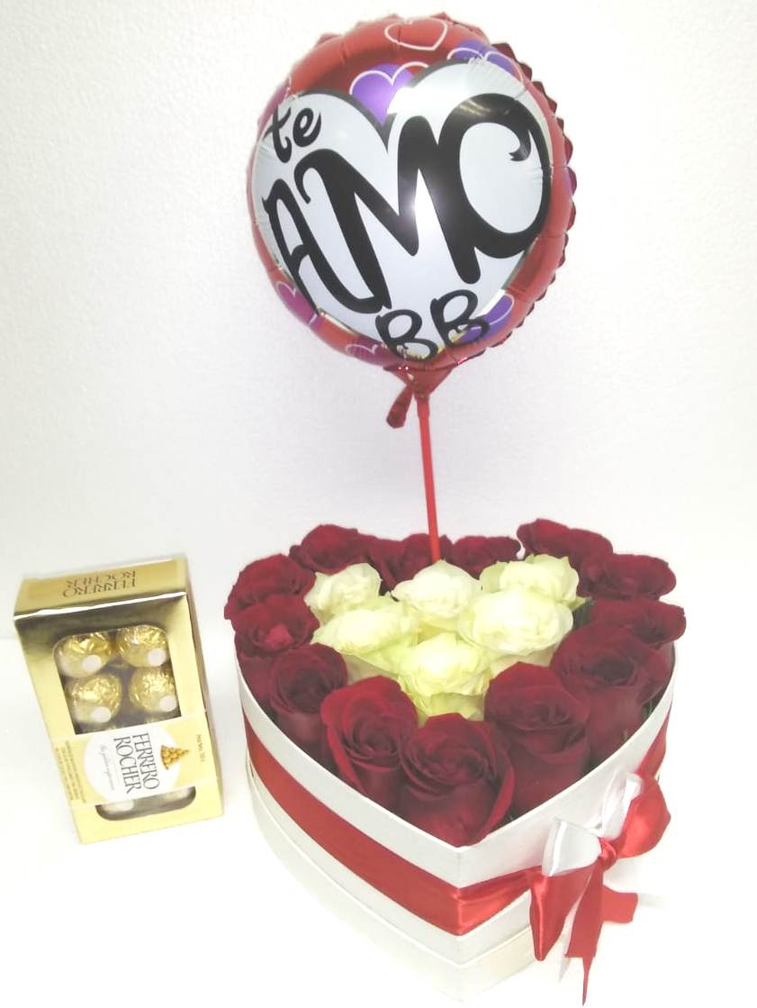 20 Rosas en Caja Corazn, Bombones Ferrero Rocher 100 grs y Globito 